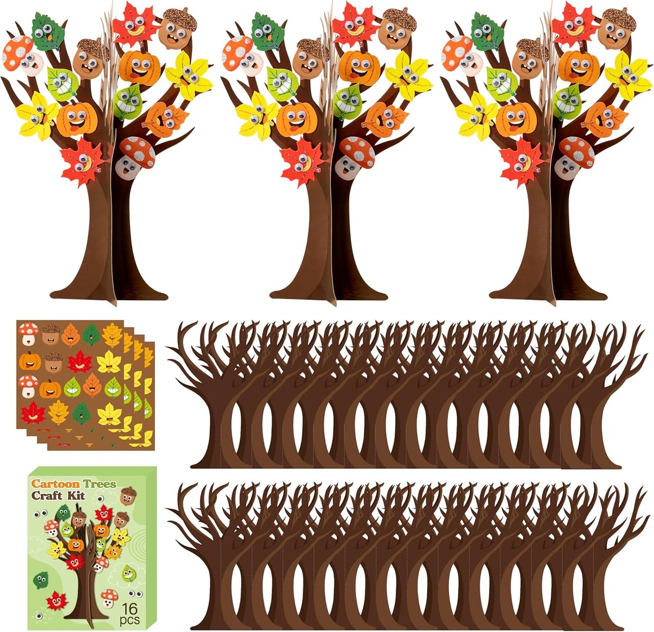 16Pcs Autumn Movable Eyes Trees for Party Favor Ornament Making Supplies, DIY Thanksgiving Craft Supplies Creative School Fun Activities for Kids (Maple Leaves)